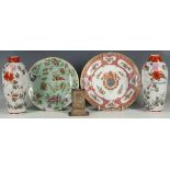Famille verte Chinese plate, Japanese matchbox holder, pair of Chinese ovoid vases and a late 19th