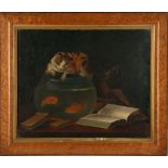 An English School painting of cat pawing at goldfish bowl, oil on canvas, in maple frame, size 37