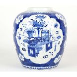 A CHINESE BLUE AND WHITE PRUNUS GINGER JAR. 
Late Qing. 
Decorated with 2 cartouches filled with the