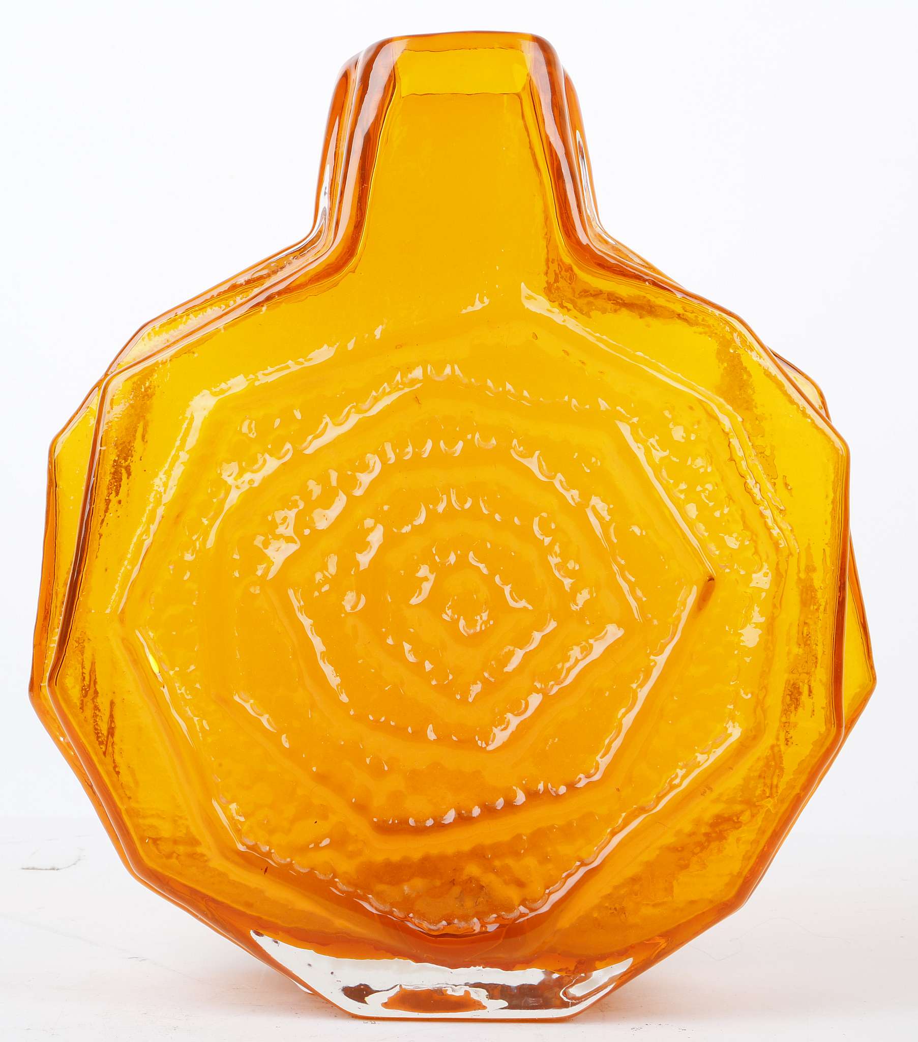 A large Whitefriars 'Banjo' vase, circa 1970, designed by Geoffrey Baxter, orange colour textured