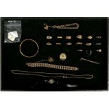 A good selection of gold jewellery from 9ct to 22ct and includes two diamond rings, bracelets, a