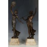 A pair of French Art Nouveau spelter figures of allegorical figures of classical musicians raided on