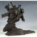 A 20th Century bronze group cast with symbolic figures surrounded by world globe, unsigned.