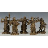 A set of five Chinese bronze figures of immortals each raised on a base modelled as swirling clouds,