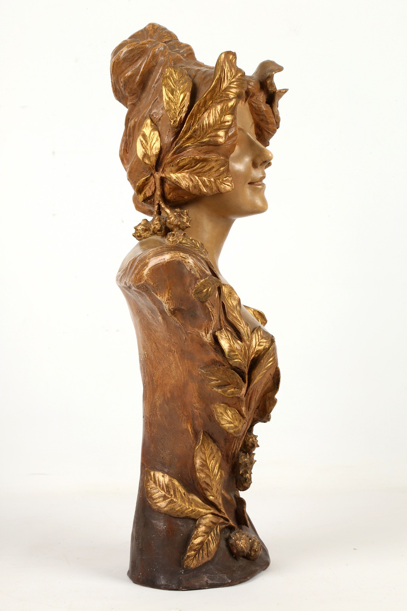 An Austrian Goldscheider bronzed terracotta bust of a neo-classical maiden, circa 1900, stamped - Image 3 of 9