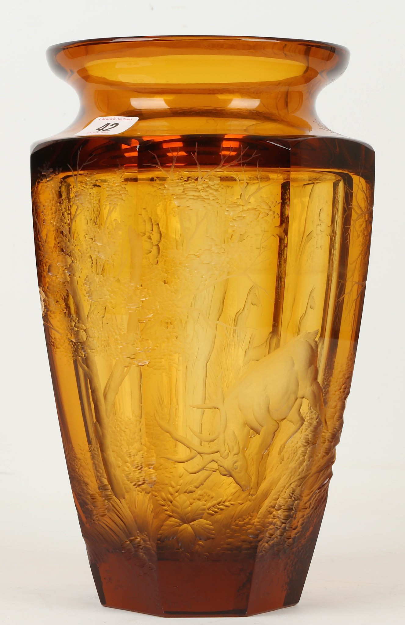 Attributed to Koloman Moser, a Bohemian Art Deco amber crystal glass vase, with deep engraved forest - Image 7 of 10