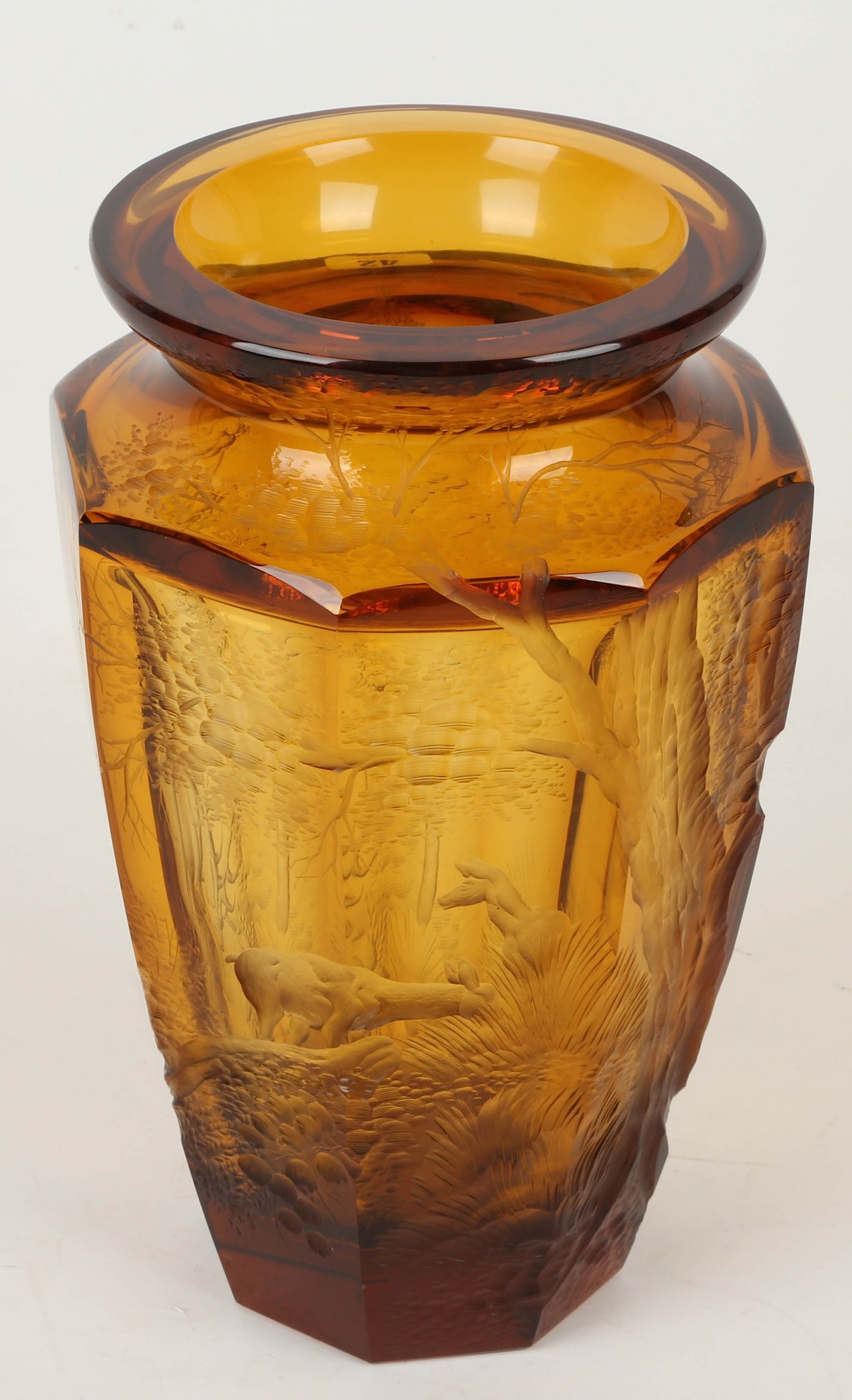 Attributed to Koloman Moser, a Bohemian Art Deco amber crystal glass vase, with deep engraved forest - Image 4 of 10