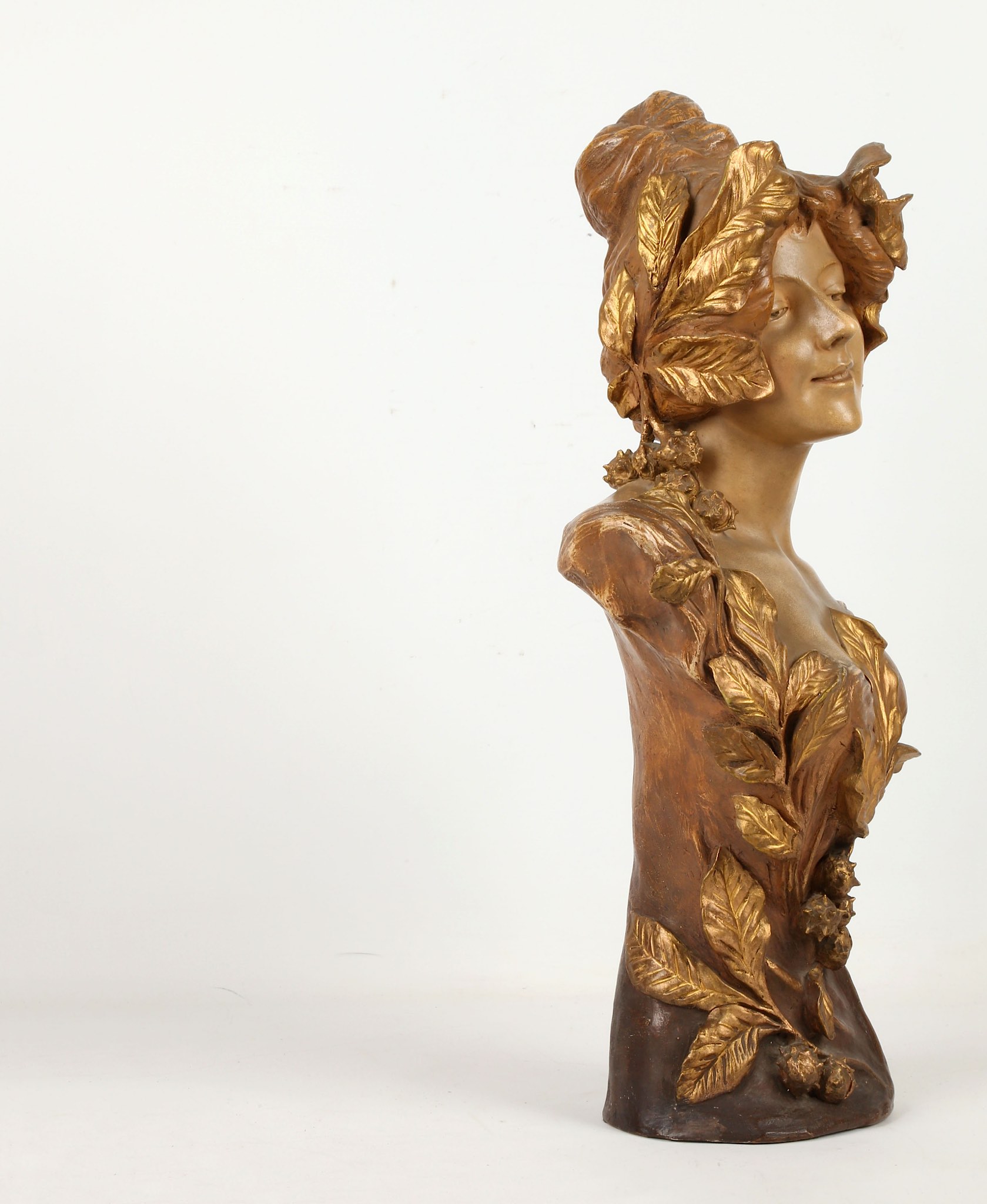 An Austrian Goldscheider bronzed terracotta bust of a neo-classical maiden, circa 1900, stamped - Image 9 of 9