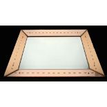 A 1940s French Mirror, with linear engraved plate and peach border with linear engraving and oval