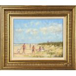 David Baxter, oil on board, 'Sandy Beach Scene with figures in the Dunes', signed and framed, 24 x