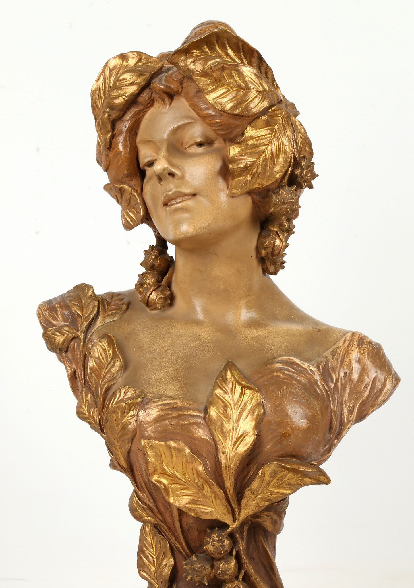 An Austrian Goldscheider bronzed terracotta bust of a neo-classical maiden, circa 1900, stamped - Image 2 of 9