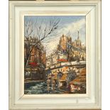 George R. Deakins, two oils on board, stylised landscapes, both signed, sold together with an oil on