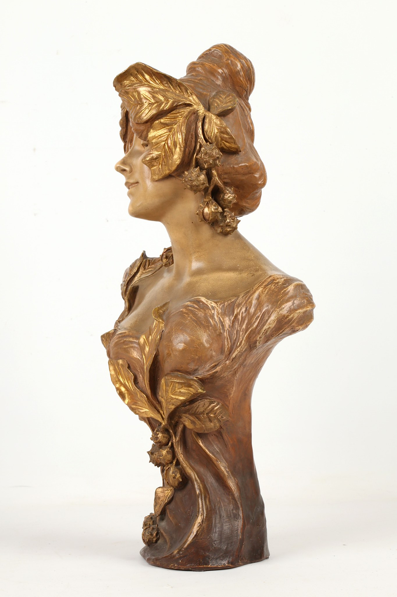 An Austrian Goldscheider bronzed terracotta bust of a neo-classical maiden, circa 1900, stamped - Image 6 of 9
