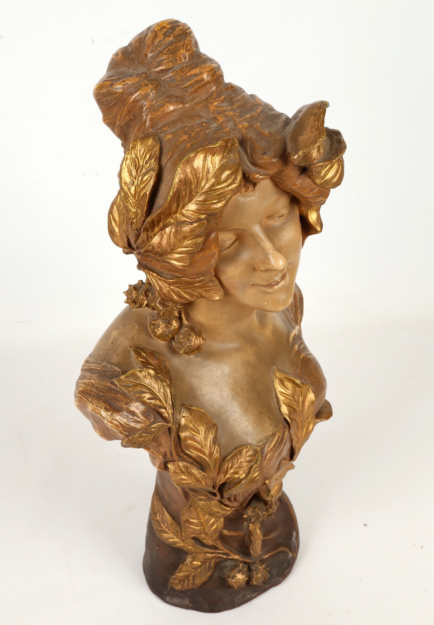 An Austrian Goldscheider bronzed terracotta bust of a neo-classical maiden, circa 1900, stamped - Image 7 of 9