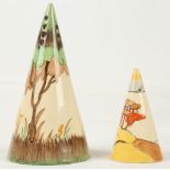 A Clarice Cliff Bizarre 'Coral Firs' sugar sifter, painted in colours, (8cm high), together with