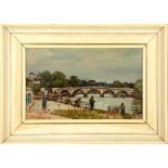 Llewellyn Petley-Jones, oils on canvas, 'Angels by Richmond Bridge', signed and dated '80, framed,