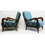 Attributed to Paulo Buffa, a pair of 1950s lounge chairs, oak frame with blue-striped part-silk