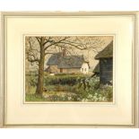 Hubert Williams, pencil and watercolour heightened with white 'Thatched Cottage, with Stream in