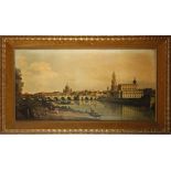 After Canaletto, a large coloured print of Italian river scene, deep velvet slip and gild framed, 56