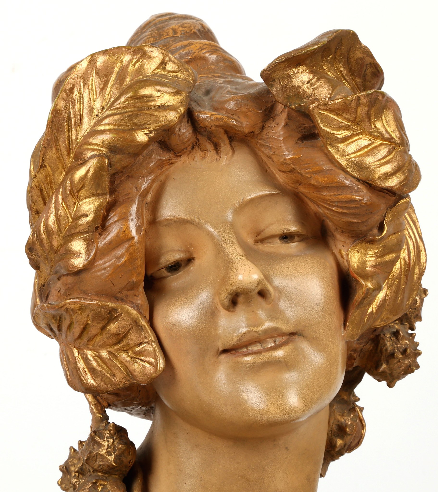 An Austrian Goldscheider bronzed terracotta bust of a neo-classical maiden, circa 1900, stamped - Image 8 of 9