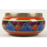 A Clarice Cliff 'Original Bizarre' pattern bowl, painted in colours, with metal rim, stamped marks