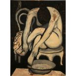 Patrick K. Cooper, 'Woman with basin', tempera on board, signed, 51 x 70cm