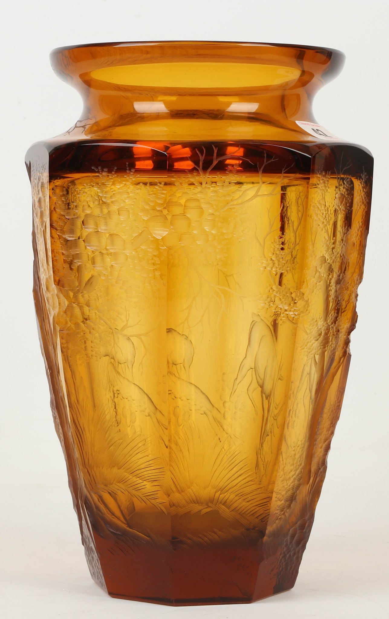 Attributed to Koloman Moser, a Bohemian Art Deco amber crystal glass vase, with deep engraved forest - Image 6 of 10