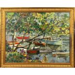 Llewellyn Petley-Jones, an oil on board, 'Boats on the Thames, Richmond', signed and dated '64,