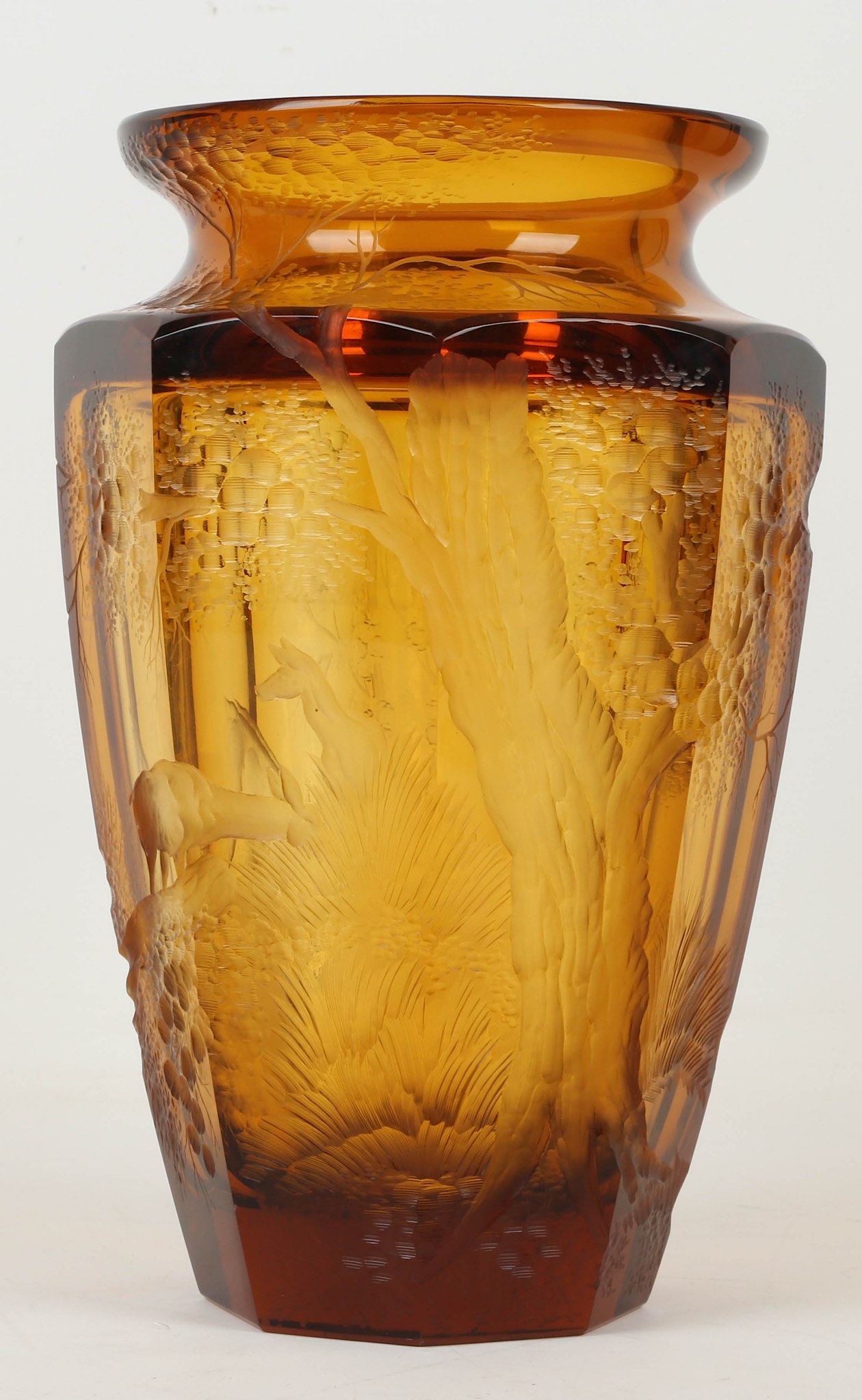 Attributed to Koloman Moser, a Bohemian Art Deco amber crystal glass vase, with deep engraved forest - Image 5 of 10