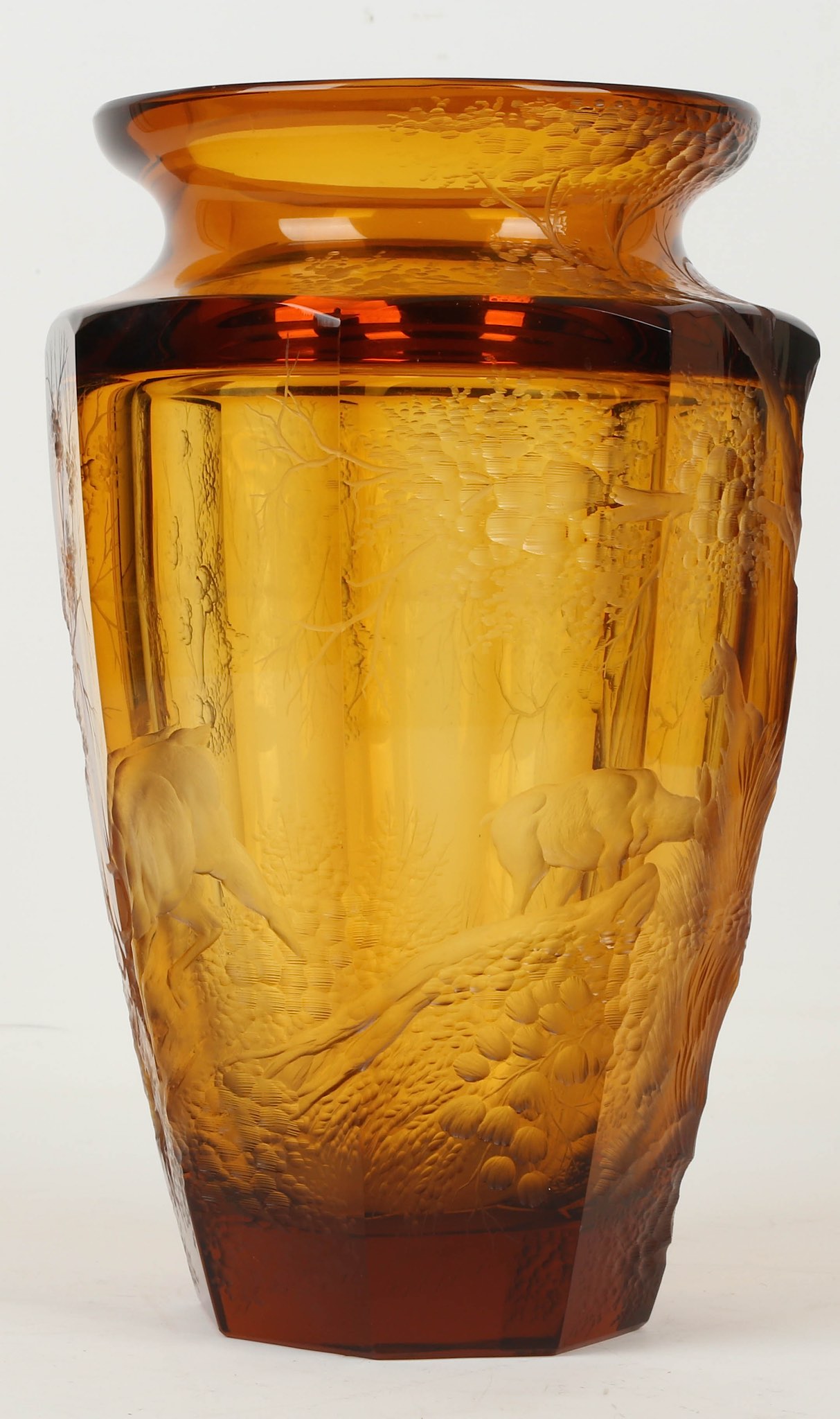 Attributed to Koloman Moser, a Bohemian Art Deco amber crystal glass vase, with deep engraved forest - Image 8 of 10