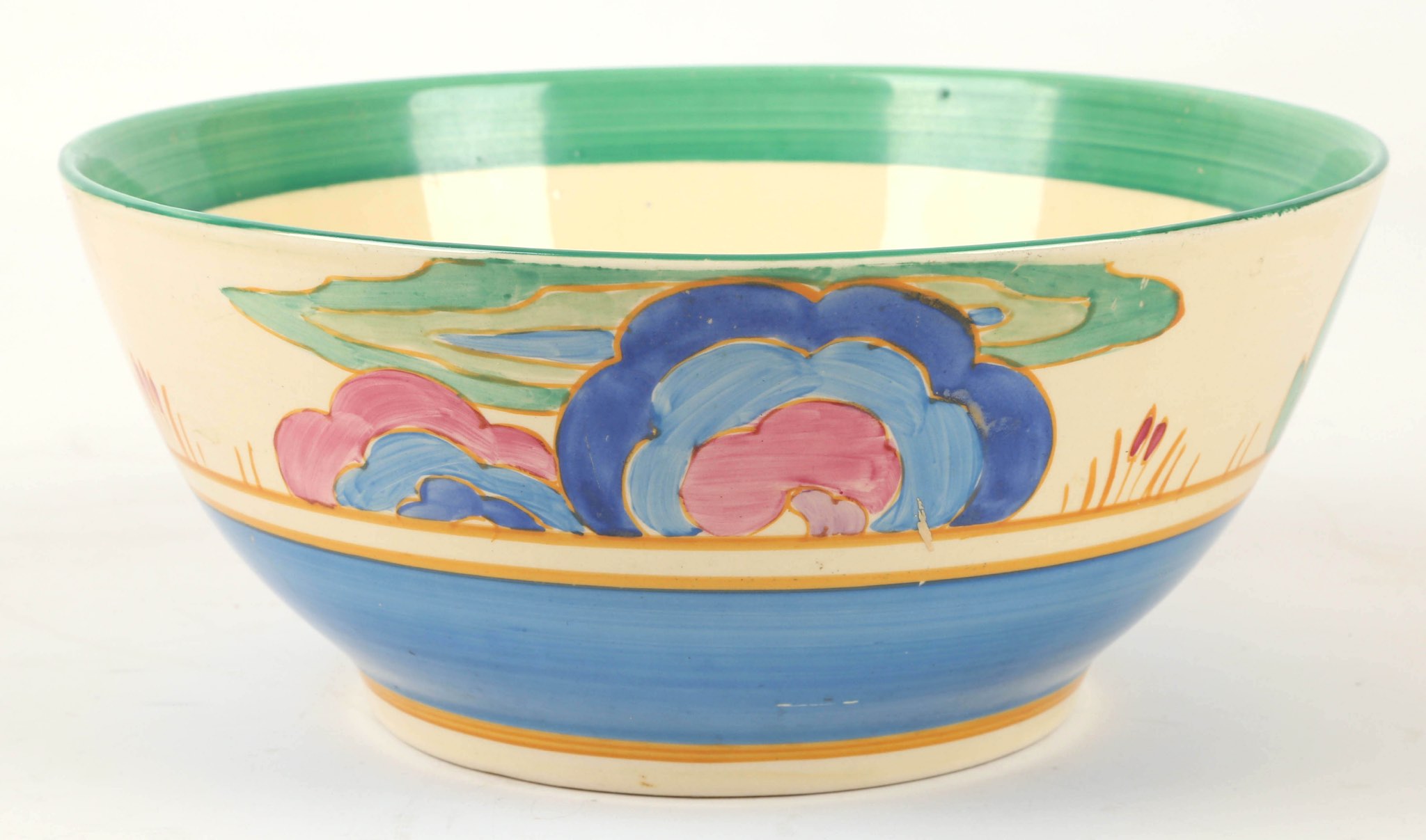 A Clarice Cliff Bizarre 'Blue Chinz' pattern bowl, painted in colours, stamped marks under, (22cm