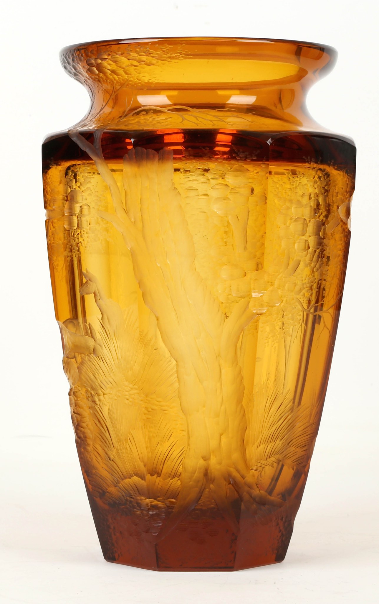 Attributed to Koloman Moser, a Bohemian Art Deco amber crystal glass vase, with deep engraved forest - Image 2 of 10