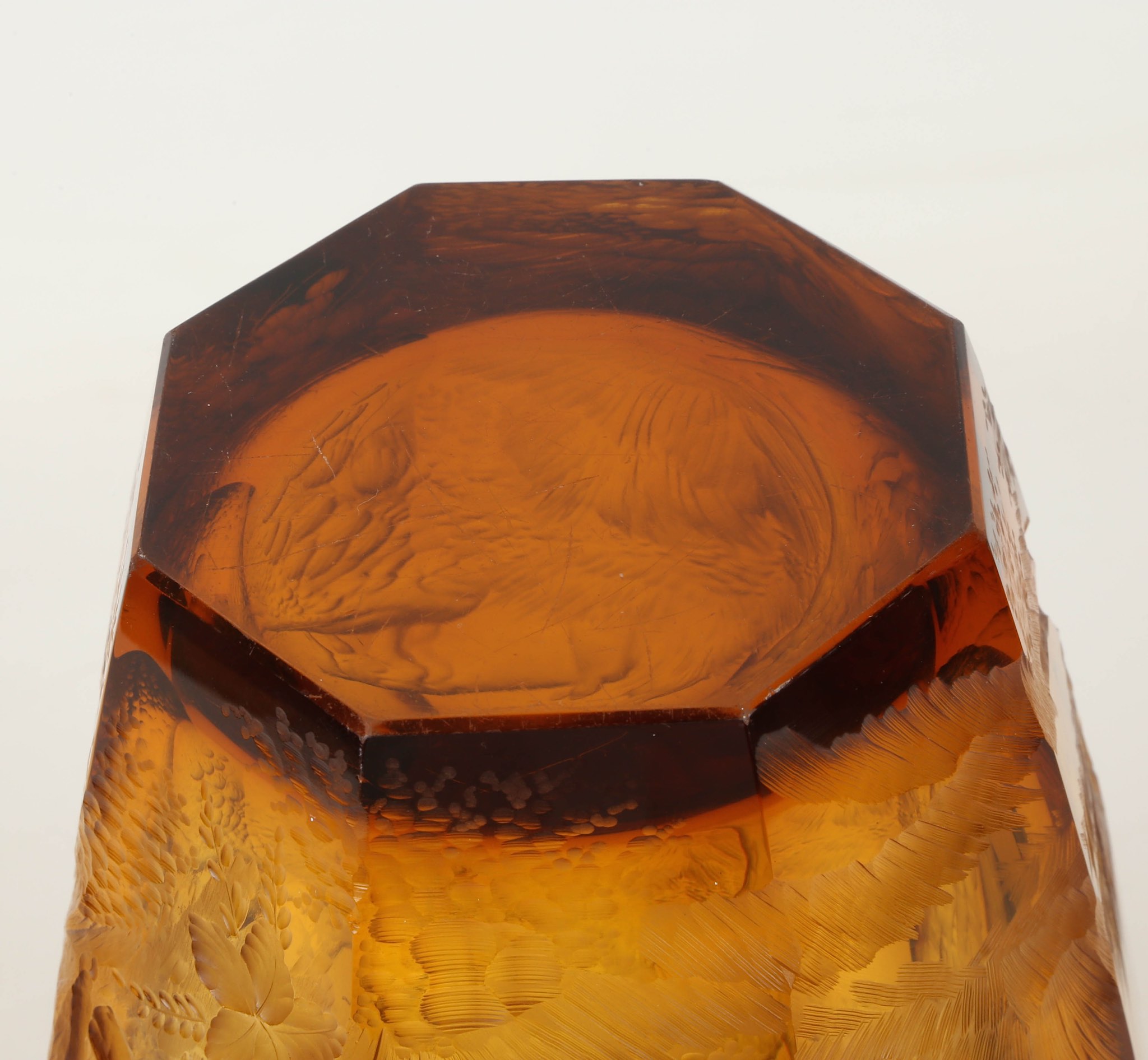 Attributed to Koloman Moser, a Bohemian Art Deco amber crystal glass vase, with deep engraved forest - Image 10 of 10