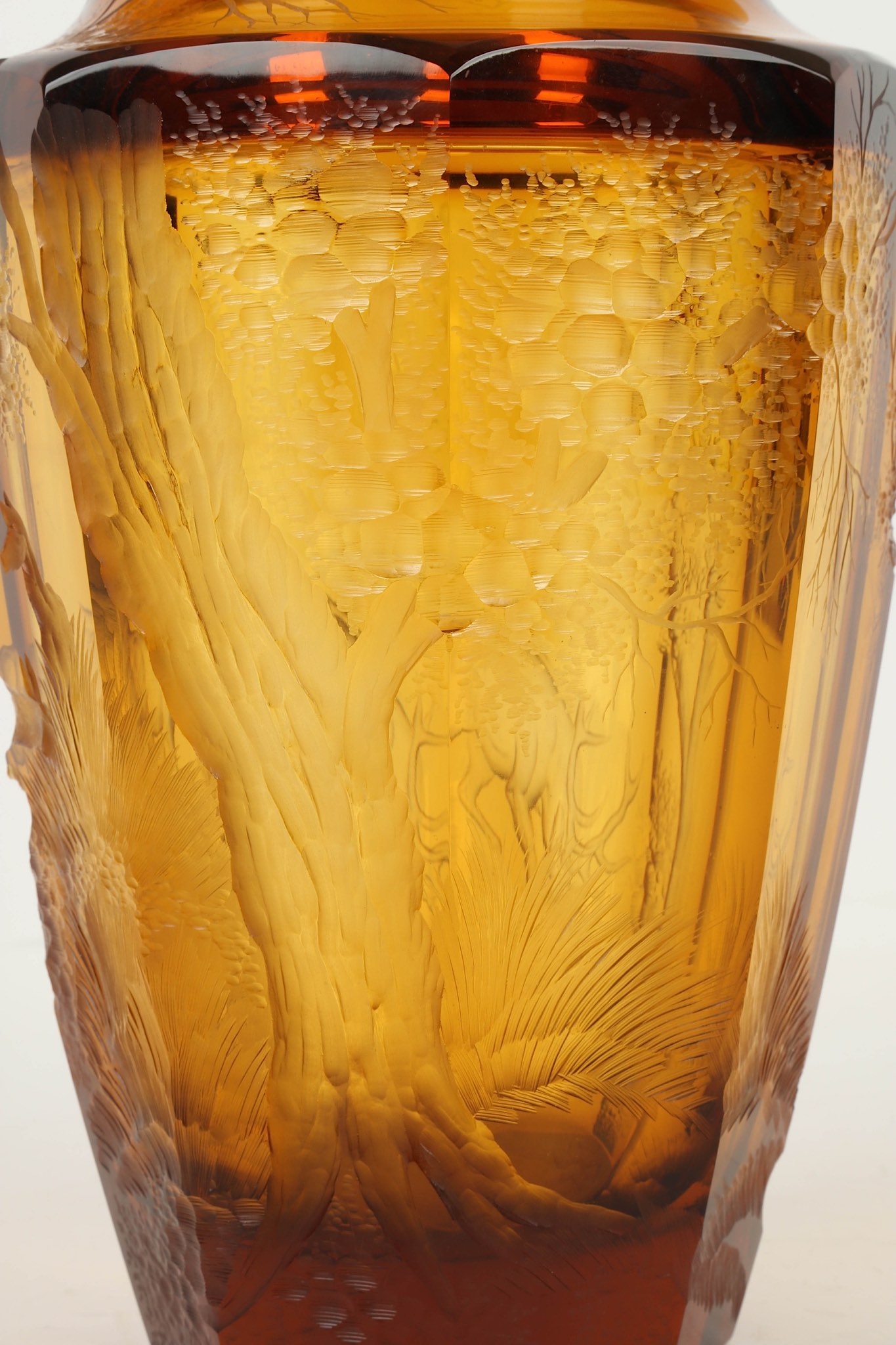 Attributed to Koloman Moser, a Bohemian Art Deco amber crystal glass vase, with deep engraved forest - Image 3 of 10