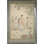 A LATE 20TH CENTURY Chinese watercolour of ladies in garden with musicians, mounted, glazed and