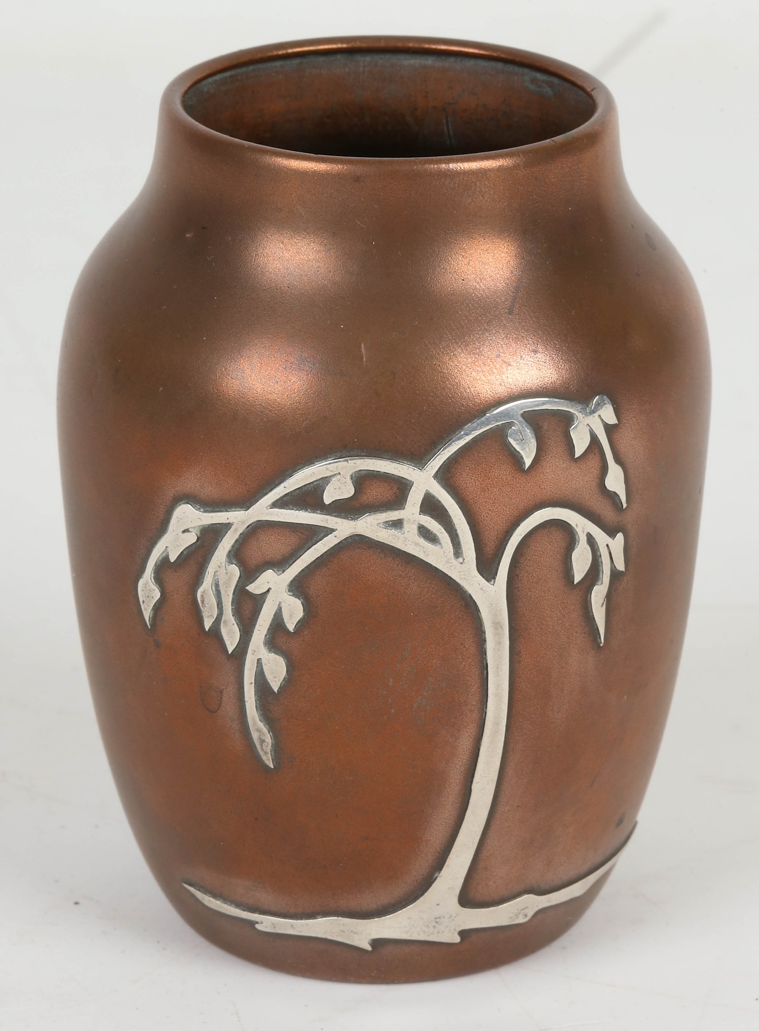 An American Silver Crest Arts and Crafts bronze vase with silver overlay, stamped marks under, (11cm