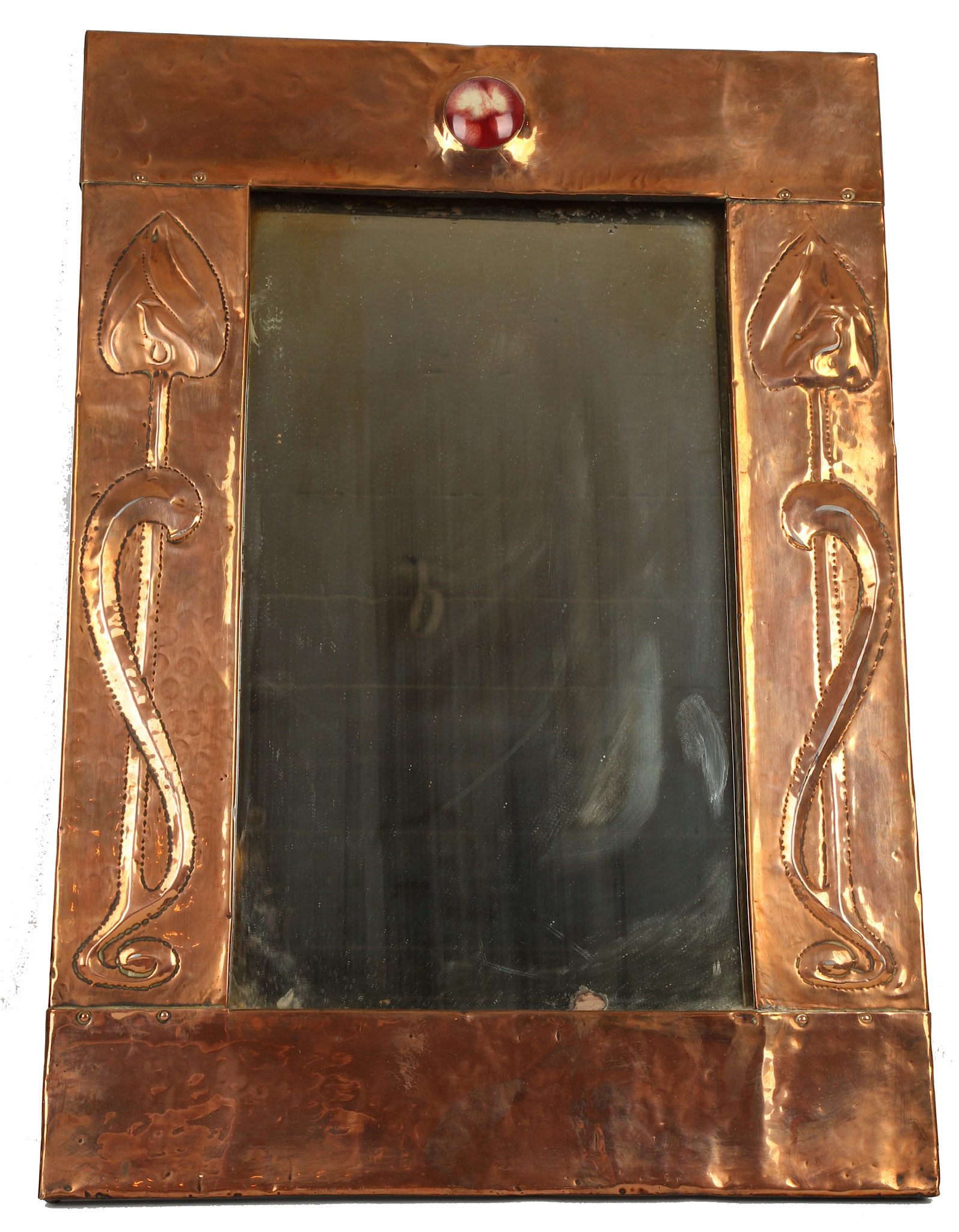 An Art Nouveau mirror with copper embossed frame and Ruskin high fired ceramic cabochon, possibly