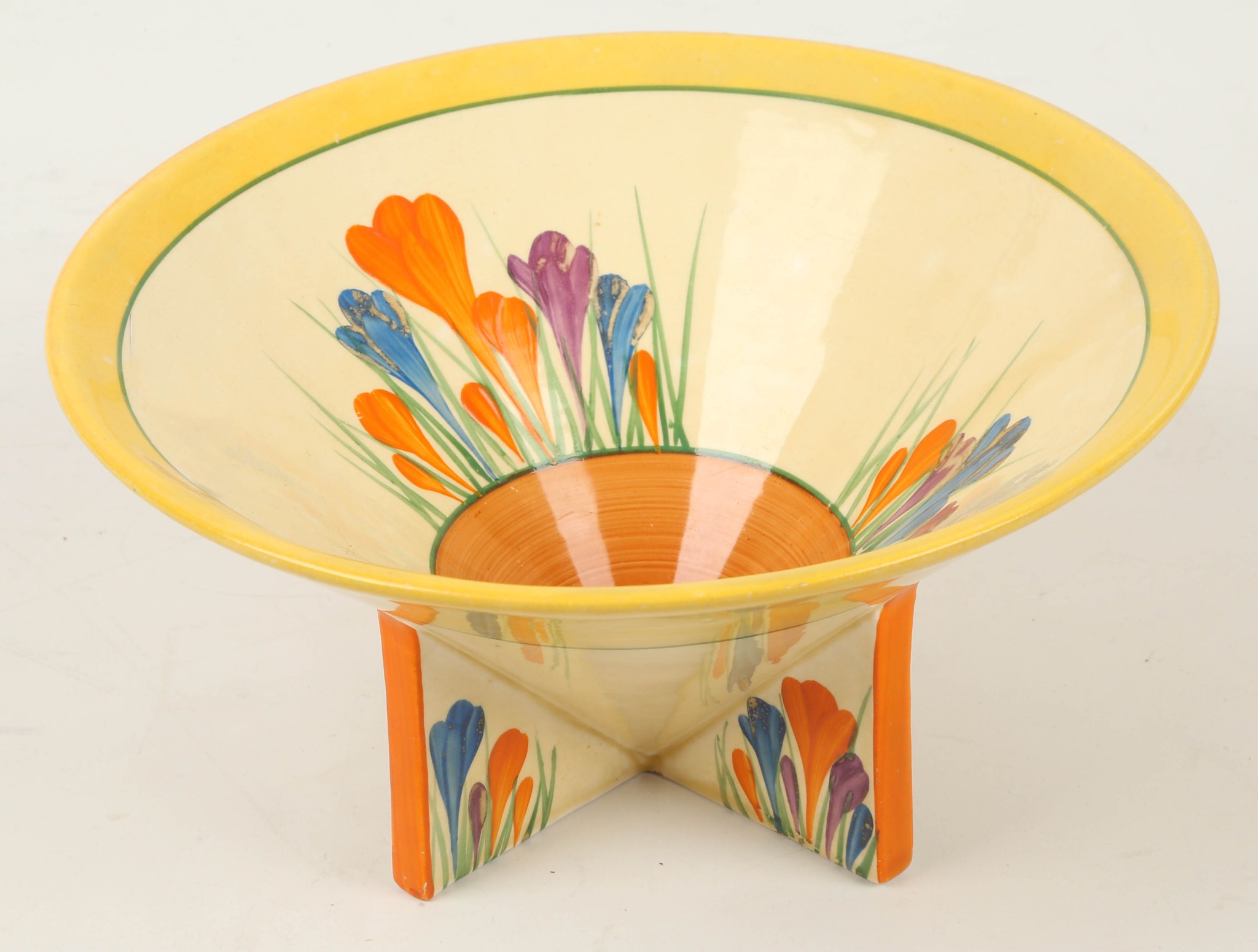 A Clarice Cliff Bizarre Crocus pattern conical bowl, painted in colours, Bizzare marks under, (