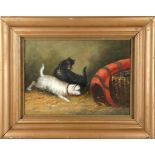 After George Armfield, a gilt framed oil painting study of two terrier dogs in a barn, 28 x 40cm