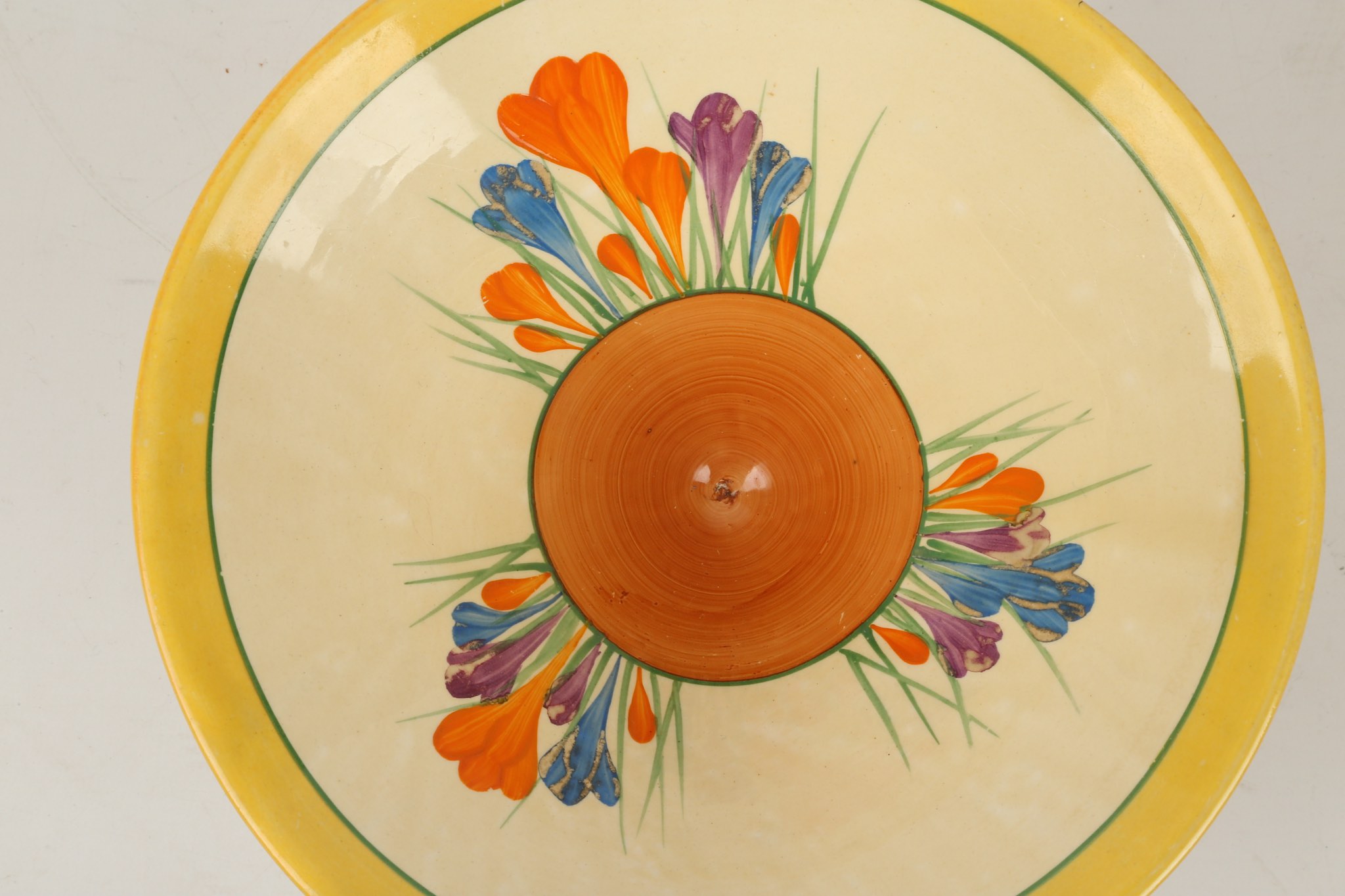 A Clarice Cliff Bizarre Crocus pattern conical bowl, painted in colours, Bizzare marks under, ( - Image 2 of 3