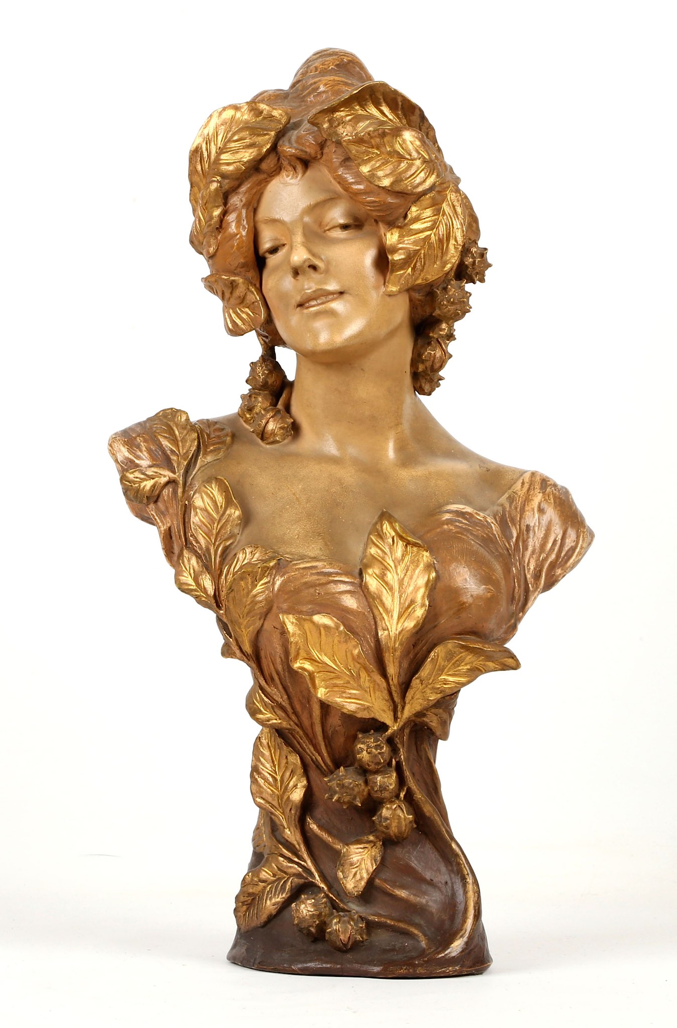 An Austrian Goldscheider bronzed terracotta bust of a neo-classical maiden, circa 1900, stamped