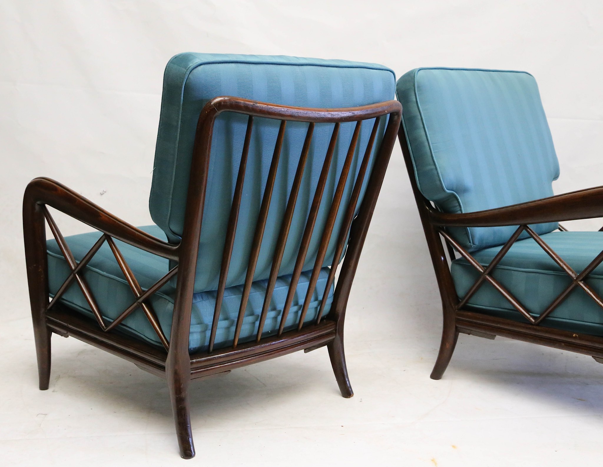 Attributed to Paulo Buffa, a pair of 1950s lounge chairs, oak frame with blue-striped part-silk - Image 2 of 2
