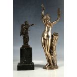 A small 19th century bronze model of an angel after antique, raised on black marble base, together