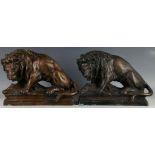 Two contemporary bronze castings of lion's standing over their catch of boar