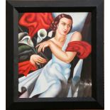 A studio framed oil painting portrait of an elegant Art Deco lady, 59 x 49cm