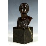 A 19th century bronze bust of a noble lady, raised on marble square base, stamped on the back,