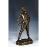 1930s plaster study of a young boy worker with sicle and lifter whistling, 40.5cms high