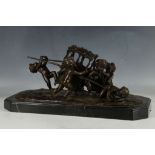 Continental bronze study of five cherubs and a tumbling sedan chair, marble base, 43cms wide,