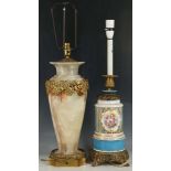 A porcelain and ormolu table lamp in the manner of Sèvres, height 37cm, sold together with an onyx