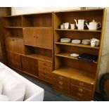 A Danish teak wall cabinet and bookcase, the sideboard with separate drinks cabinet above, and
